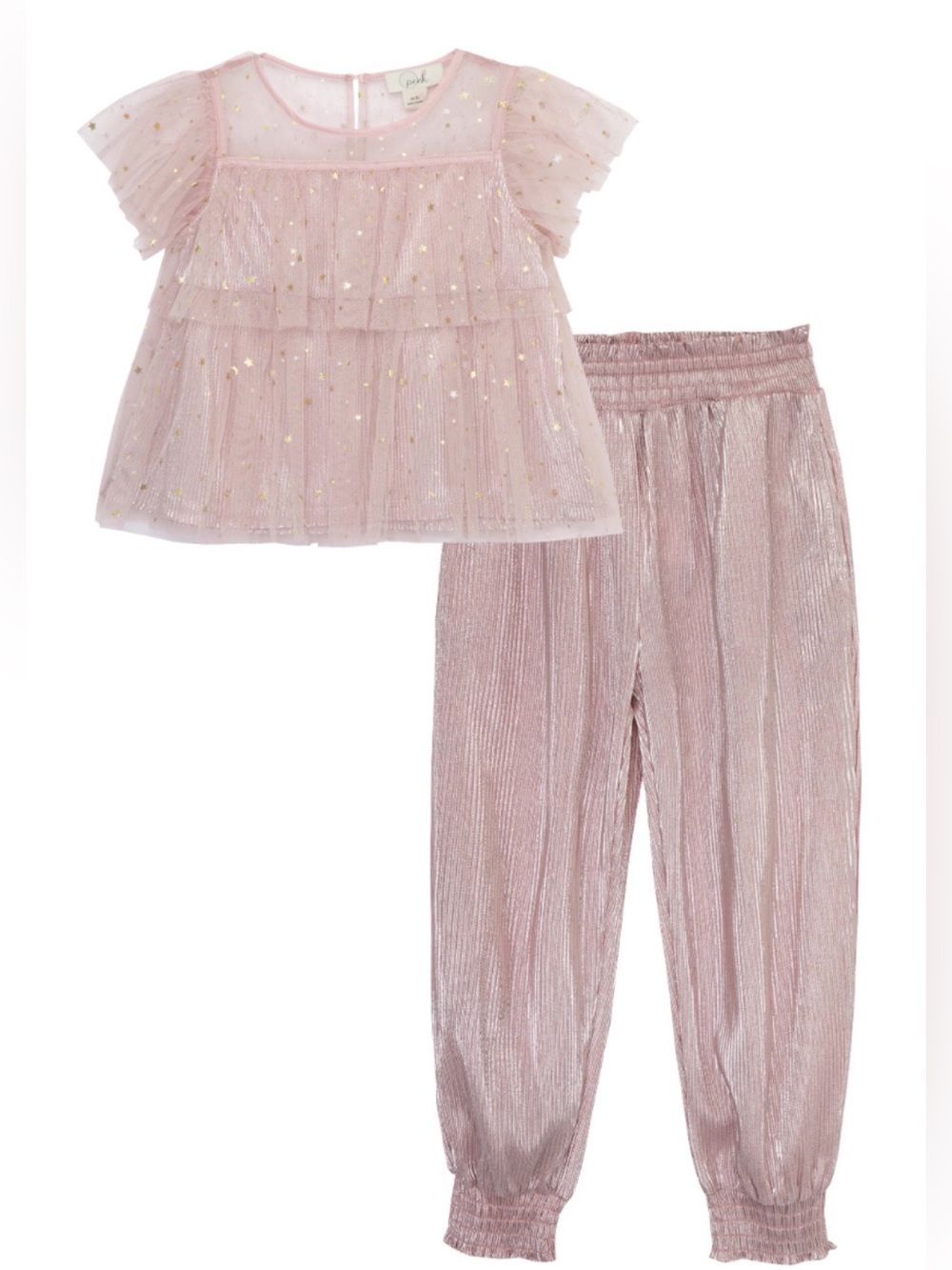 Peek Kids Pink Metallic Tulle Ruffle Top & Jogger Set